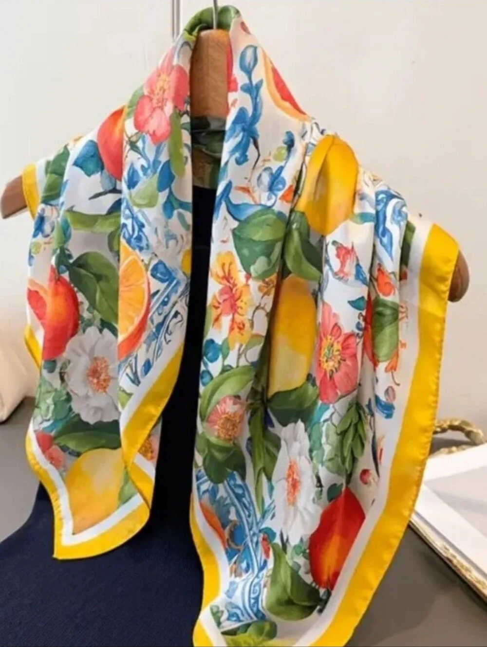 Silk-feel Bright Citrus Floral Silk Scarf - Yellow Trim Head & Neck Scarf